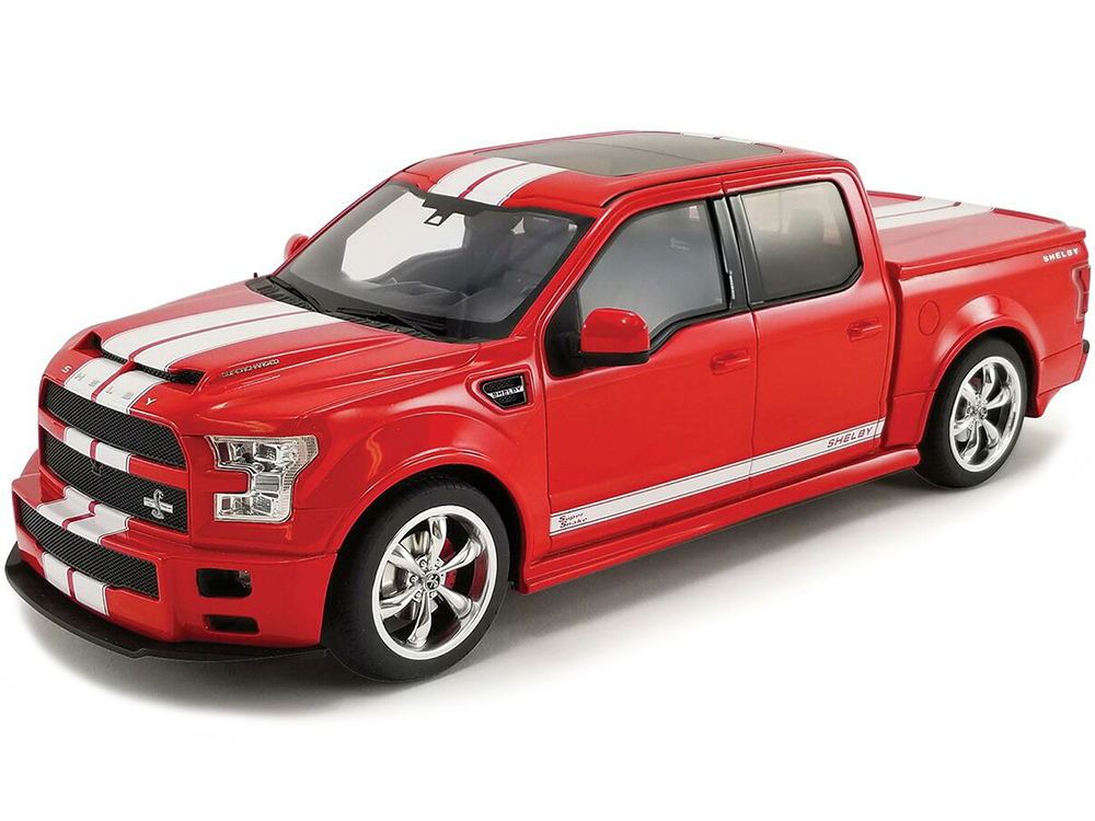 2017 Ford Shelby F-150 Super Snake Pickup Truck with Bed Cover Race Red with White Stripes 1/18 Model Car by GT Spirit for ACME