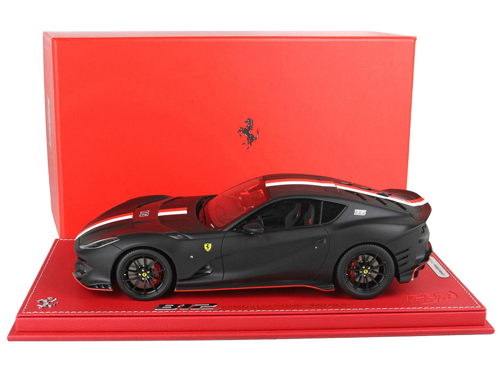 Ferrari 812 Competizione #16 Matt Black with Red and White Stripes with DISPLAY CASE Limited Edition to 226 pieces Worldwide 1/18 Model Car by BBR