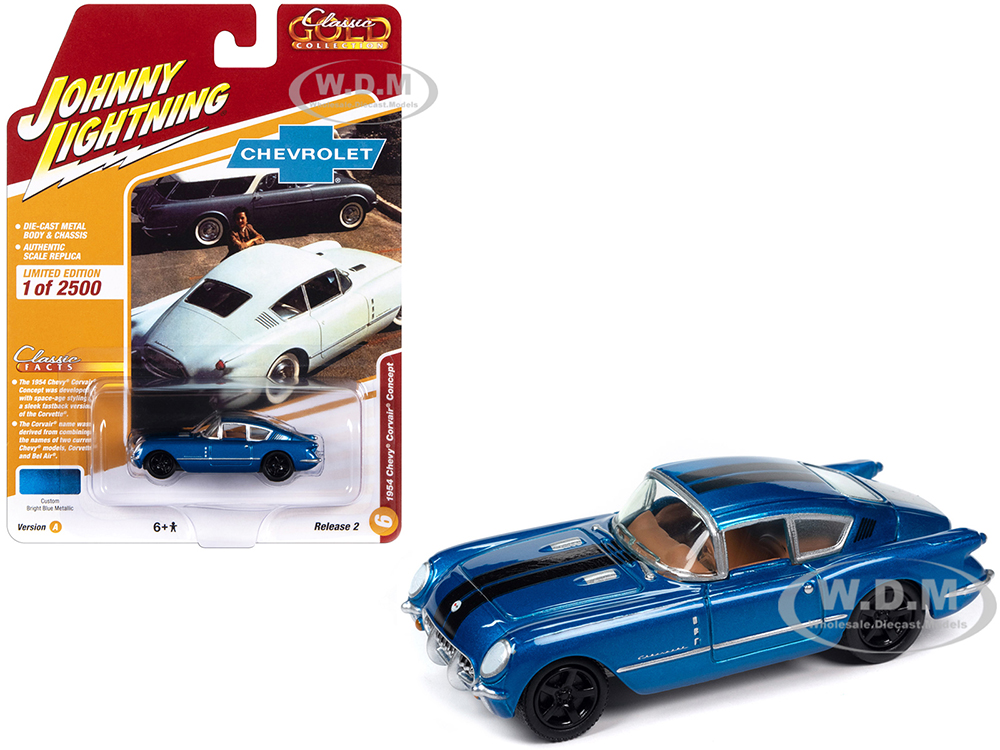 1954 Chevrolet Corvair Concept Car Bright Blue Metallic with Black Stripes Classic Gold Collection 2023 Release 2 Limited Edition to 2500 pieces Worldwide 1/64 Diecast Model Car by Johnny Lightning