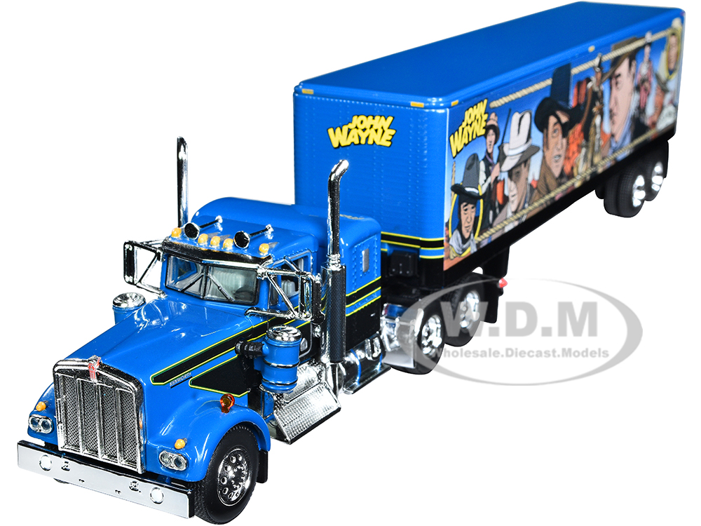 Kenworth W900A with Sleeper and 40 Vintage Trailer "John Wayne Comic Edition" Blue with Black Stripes 1/64 Diecast Model by DCP/First Gear