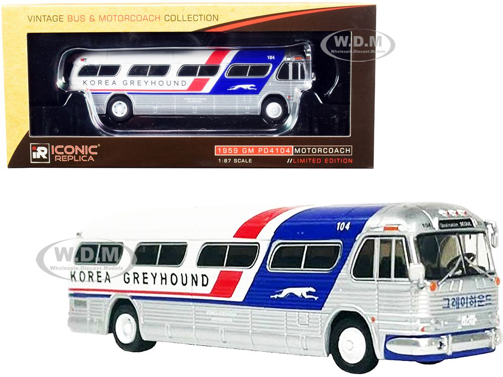 1959 GM PD4104 Motorcoach Bus "Seoul" "Korea Greyhound" Silver and White with Red and Blue Stripes "Vintage Bus &amp; Motorcoach Collection" 1/87 (HO