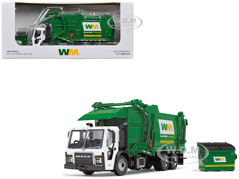 Mack LR Garbage Truck with McNeilus Meridian Front Load Refuse Body White and Green with Refuse Bin Waste Management 1/64 Diecast Model by First Gear