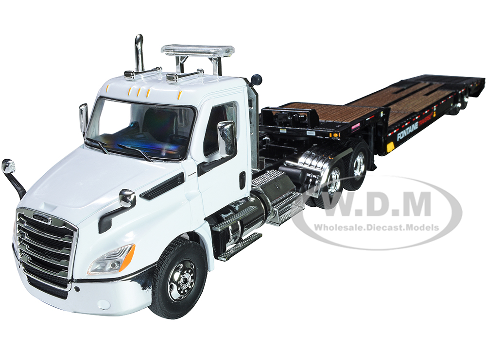 2018 Freightliner Cascadia Day Cab with Fontaine Traverse HT Hydraulic Tail Trailer White and Black 1/34 Diecast Model by First Gear