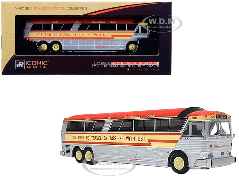 Image of 1970 MCI MC-7 Challenger Intercity Motorcoach "Manhattan Lines" "Destination New York City" "Its Time to Travel by Bus with Us" Orange and Silver wit