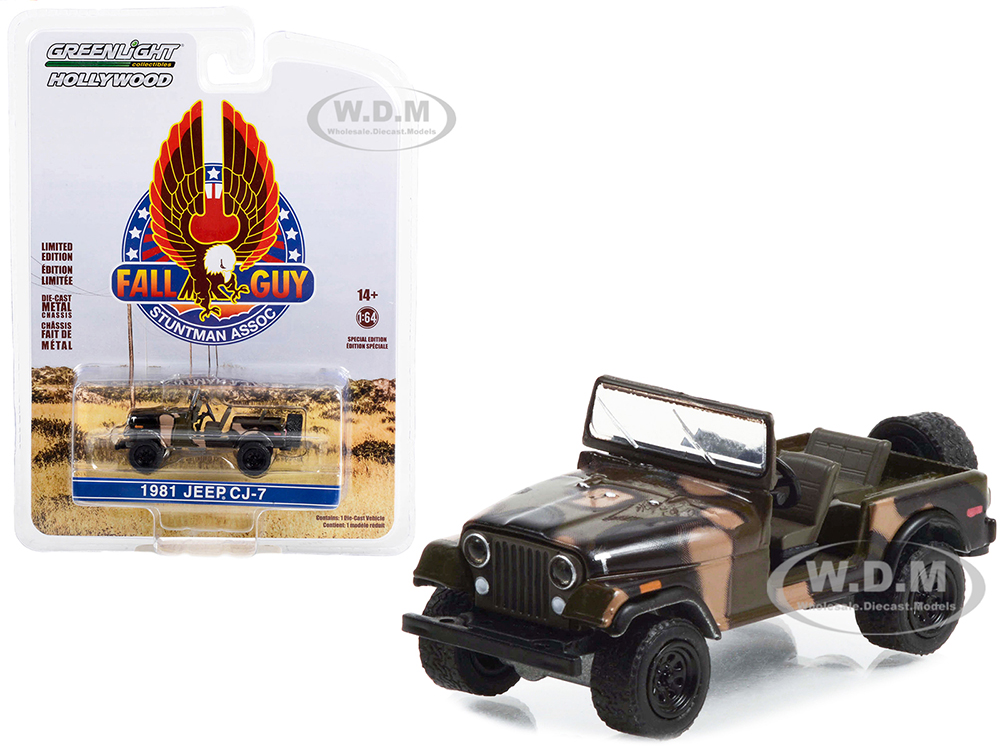 1981 Jeep CJ-7 Camouflage "Fall Guy Stuntman Association" Hollywood Special Edition 1/64 Diecast Model Car by Greenlight