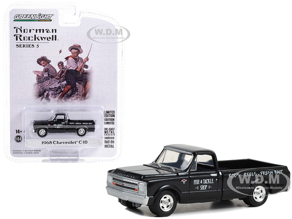1968 Chevrolet C-10 Pickup Truck Black Fish & Tackle Shop Norman Rockwell Series 5 1/64 Diecast Model Car By Greenlight