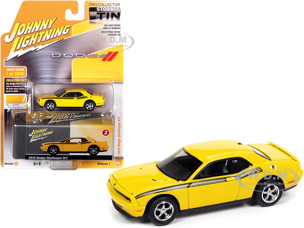 2010 Dodge Challenger R/T Detonator Yellow with Black Stripes and Collector Tin Limited Edition to 5036 pieces Worldwide 1/64 Diecast Model Car by Jo