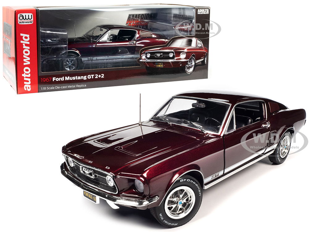 1967 Ford Mustang GT 22 Burgundy Metallic with White Side Stripes "American Muscle" Series 1/18 Diecast Model Car by Auto World