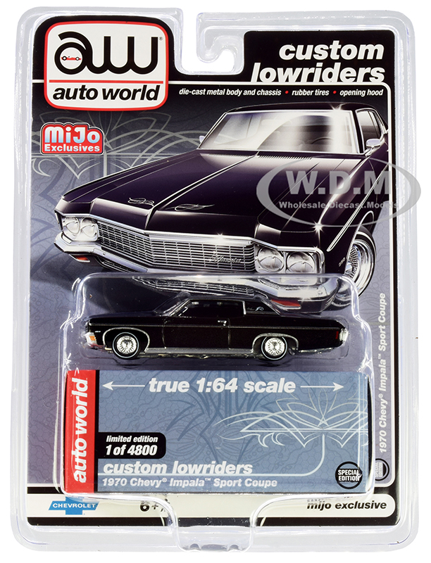 1970 Chevrolet Impala Sport Coupe Black Custom Lowriders Limited Edition to 4800 pieces Worldwide 1/64 Diecast Model Car by Auto World
