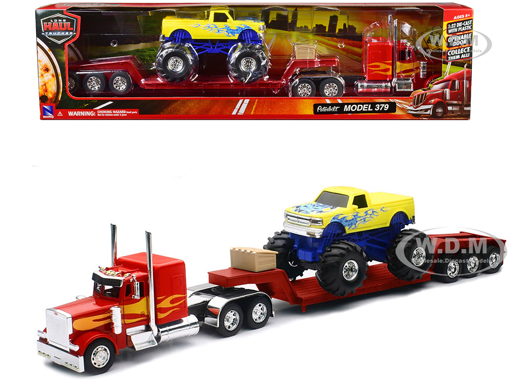Peterbilt 379 Truck with Lowboy Trailer Red with Orange Flames and Monster Truck Yellow with Blue Flames Long Haul Truckers Series 1/32 Diecast Model by New Ray