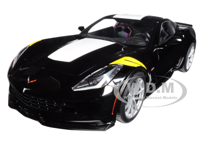 2017 Chevrolet Corvette C7 Grand Sport Black with White Stripe and Yellow Fender Hash Marks 1/18 Model Car by Autoart