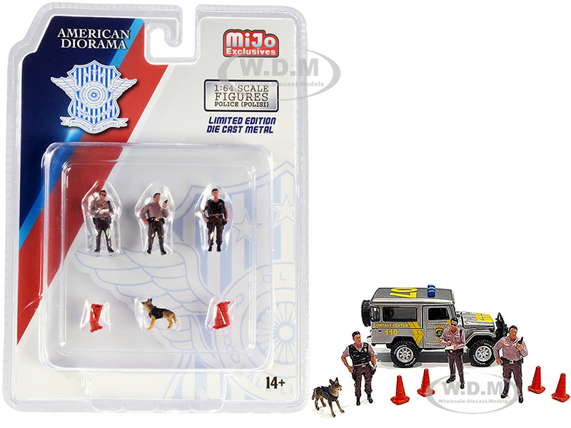"Police" 8 piece Diecast Set (3 Figurines 1 Dog and 4 Accessories) for 1/64 Scale Models by American Diorama