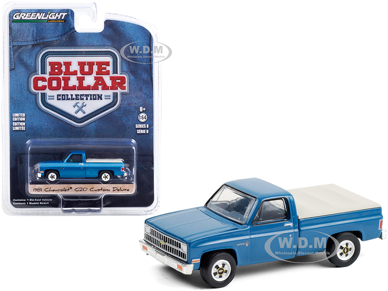 1981 Chevrolet C20 Custom Deluxe Pickup Truck with Bed Cover Light Blue Metallic "Blue Collar Collection" Series 8 1/64 Diecast Model Car by Greenlig