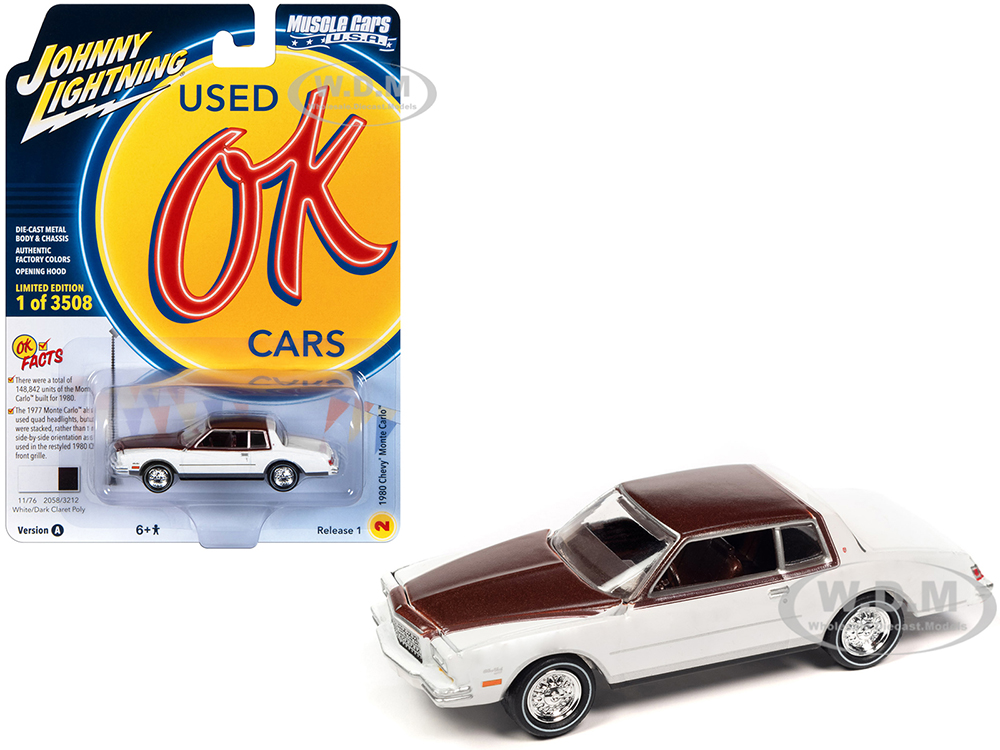 1980 Chevrolet Monte Carlo White and Dark Claret Brown Metallic Top and Hood Limited Edition to 3508 pieces Worldwide OK Used Cars 2023 Series 1/64 Diecast Model Car by Johnny Lightning