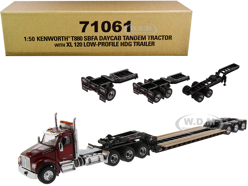 Kenworth T880 SBFA Day Cab Tandem Tractor with XL 120 Low-Profile HDG Trailer with 2 Boosters and Jeep Radiant Red and Black "Transport Series" 1/50