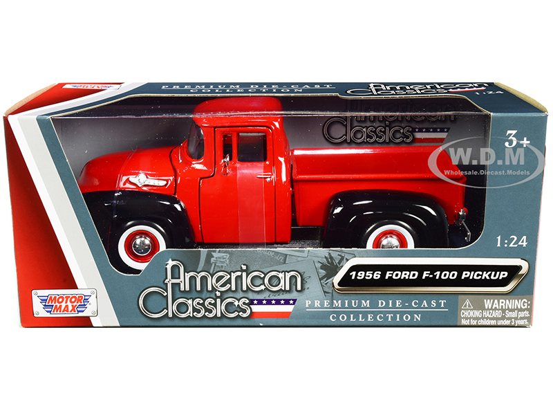 Image of 1956 Ford F-100 Pickup Truck Red and Black with Whitewall Tires "American Classics" 1/24 Diecast Model Car by Motormax