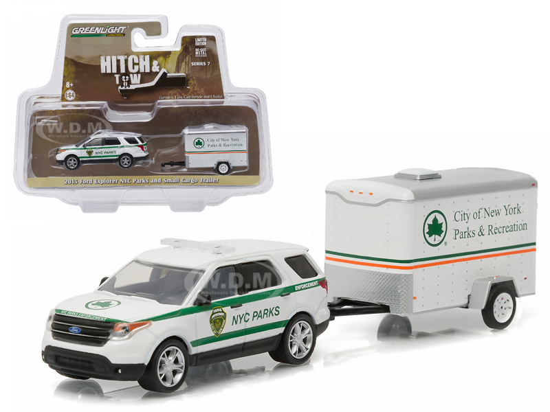  2015 Ford Explorer New York City Department of Parks and Recreation &amp; Small Cargo Trailer Hitch &amp; Tow Series 7 1/64 Diecast Car Model by Greenlight