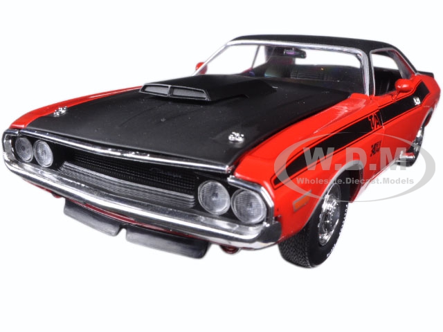 1970 Dodge Challenger T/a Bright Red With Flat Black Stripes 1/24 Diecast Model Car By M2 Machines
