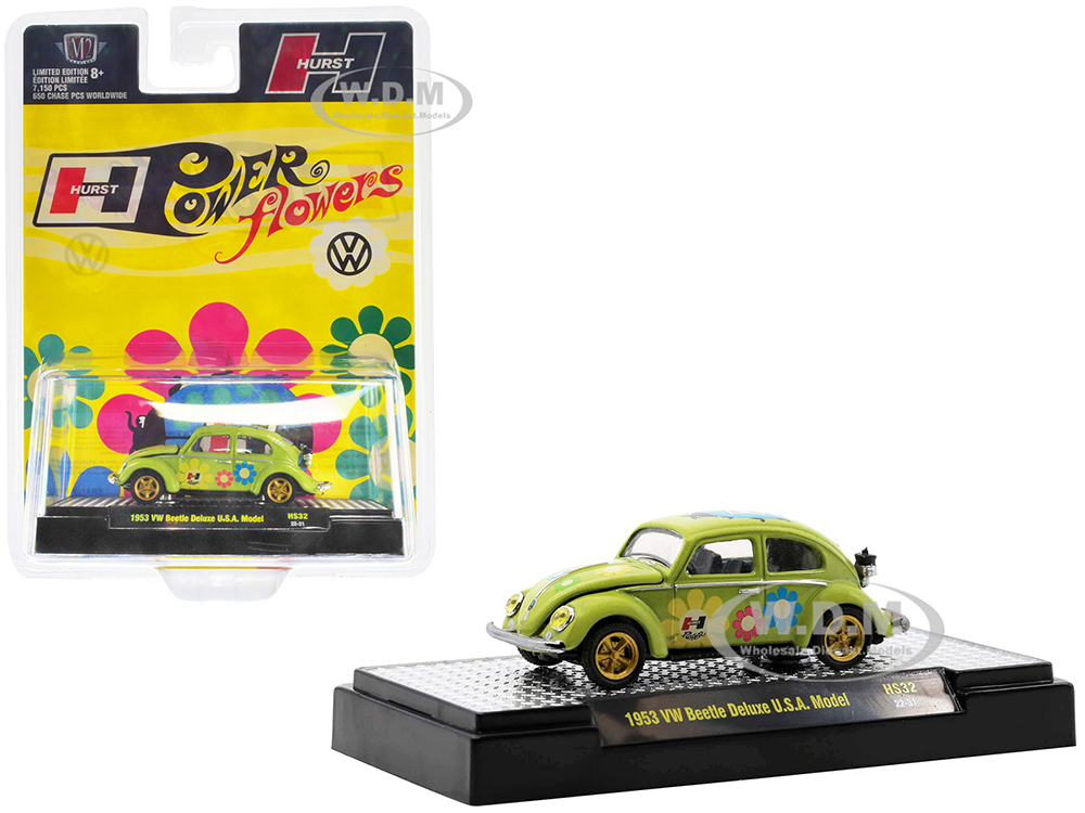 1953 Volkswagen Beetle Deluxe U.S.A. Model Lime Green Metallic with Graphics Hurst Power Flowers Limited Edition to 7150 pieces Worldwide 1/64 Diecast Model Car by M2 Machines