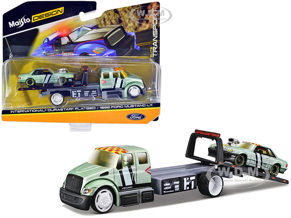 International DuraStar Flatbed Truck 17 and 1988 Ford Mustang LX 17 Light Green Metallic with Stripes and Graphics "Elite Transport" Series 1/64 Diec