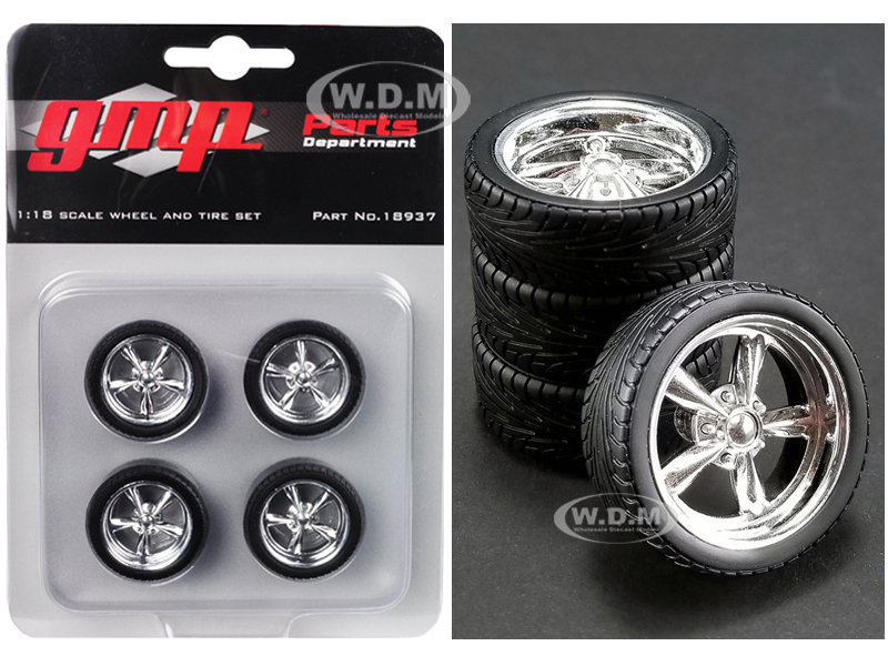 Image of 5-Spoke Chrome Custom Street Fighter Wheels and Tires Set of 4 pieces 1/18 by GMP