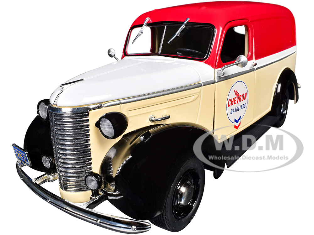 1939 Chevrolet Panel Truck Chevron Gasolines Red and Beige with White Hood and Stripes Running on Empty Series 7 1/24 Diecast Model Car by Greenlight