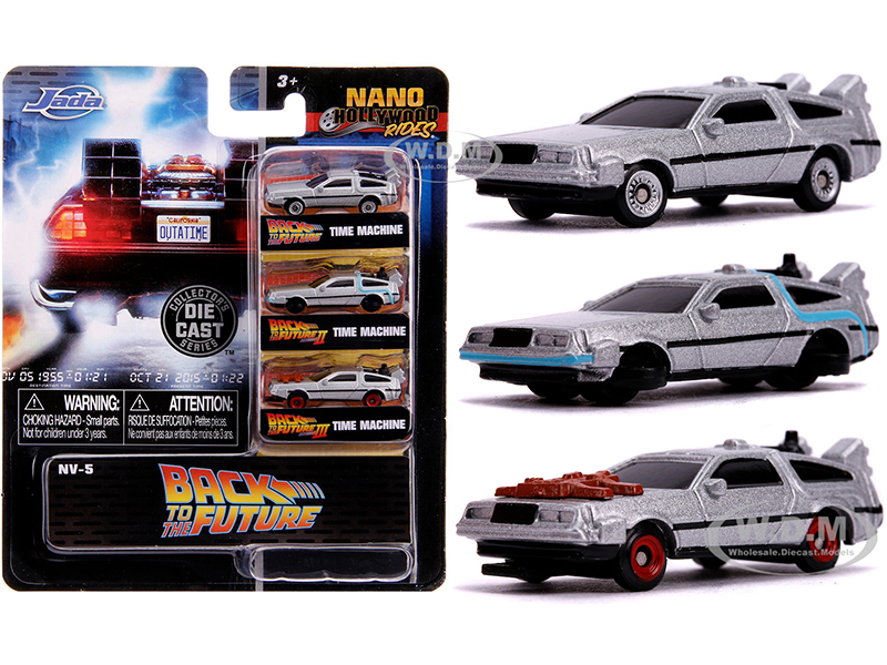 "Back to the Future" Time Machine 3 piece Set "Nano Hollywood Rides" Diecast Model Cars by Jada