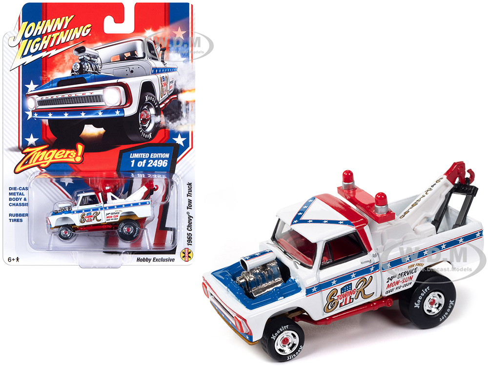 1965 Chevrolet Tow Truck White with Blue Stripes and Graphics 