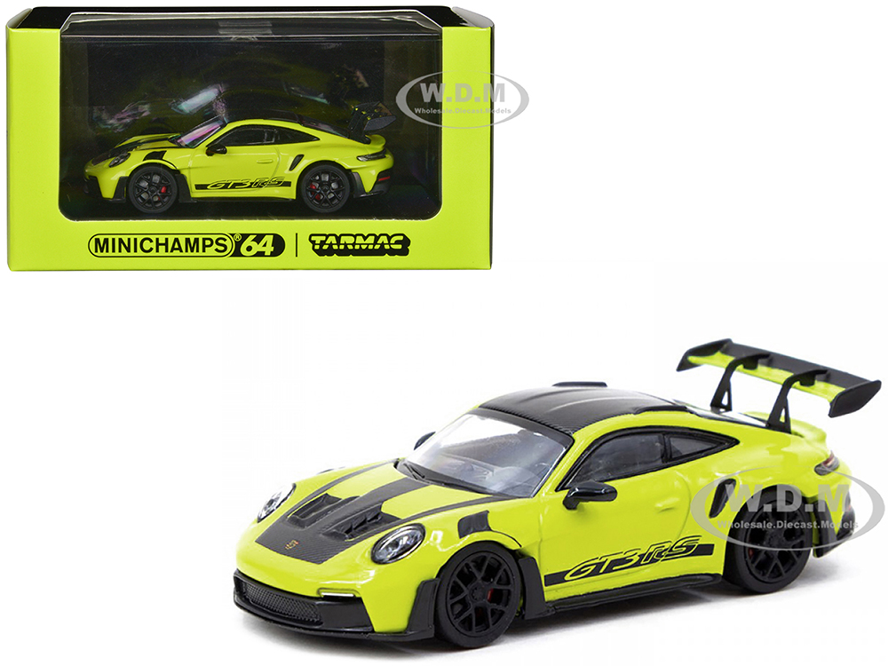 Porsche 911 (992) GT3 RS Acid Green with Carbon Hood Stripes and Top Limited Edition to 999 pieces Worldwide 1/64 Diecast Model Car by Minichamps &am