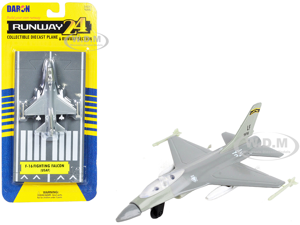 General Dynamics F-16 Fighting Falcon Fighter Aircraft Gray United States Air Force with Runway Section Diecast Model Airplane by Runway24