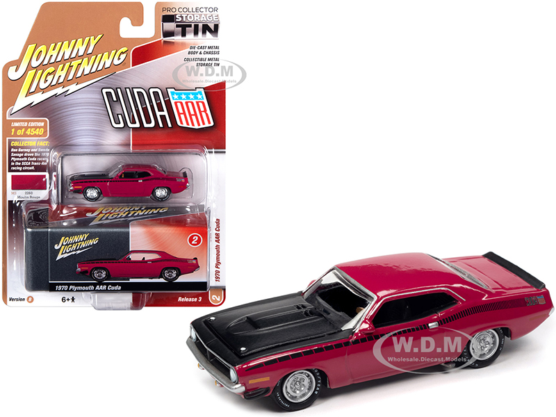 Image of 1970 Plymouth AAR Barracuda Moulin Rouge Red with Black Stripes and Hood and Collector Tin Limited Edition to 4540 pieces Worldwide 1/64 Diecast Mode