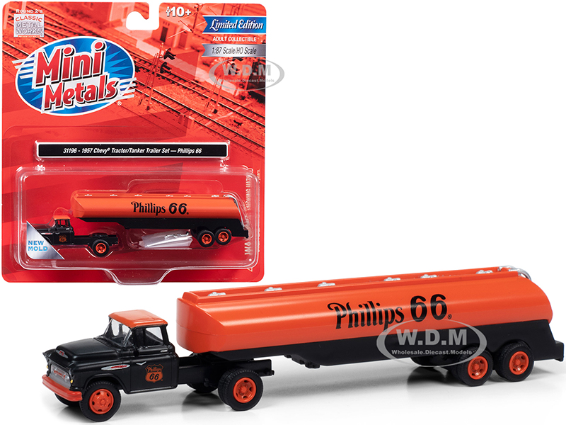 Image of 1957 Chevrolet Truck Tractor with Tanker Trailer Black and Orange "Phillips 66" 1/87 (HO) Scale Model by Classic Metal Works
