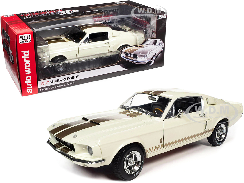 1967 Ford Mustang Shelby GT-350 Wimbledon White with Twin Gold Stripes American Muscle 30th Anniversary (1991-2021) 1/18 Diecast Model Car by Auto World