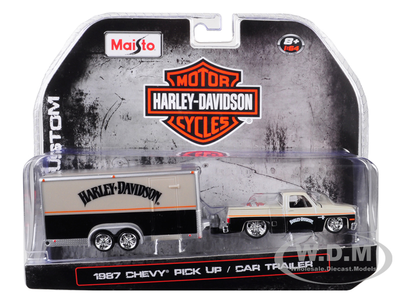1987 Chevrolet Pickup Truck With Enclosed Car Trailer Pearl Beige/ Silver And Black "harley Davidson" 1/64 Diecast Model Car By Maisto