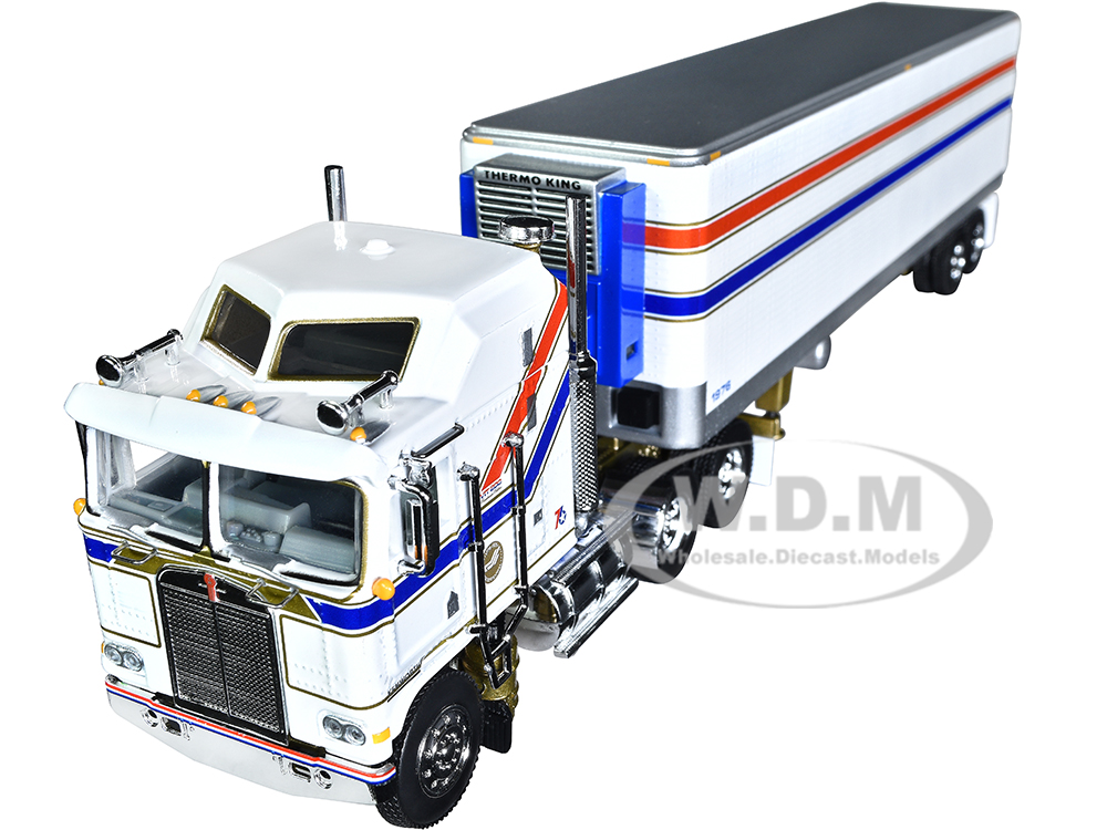 Kenworth K100 COE Aerodyne Sleeper and 40 Vintage Refrigerated Tandem-Axle Trailer White with Stripes VIT200 Bicentennial 1/64 Diecast Model by DCP/First Gear