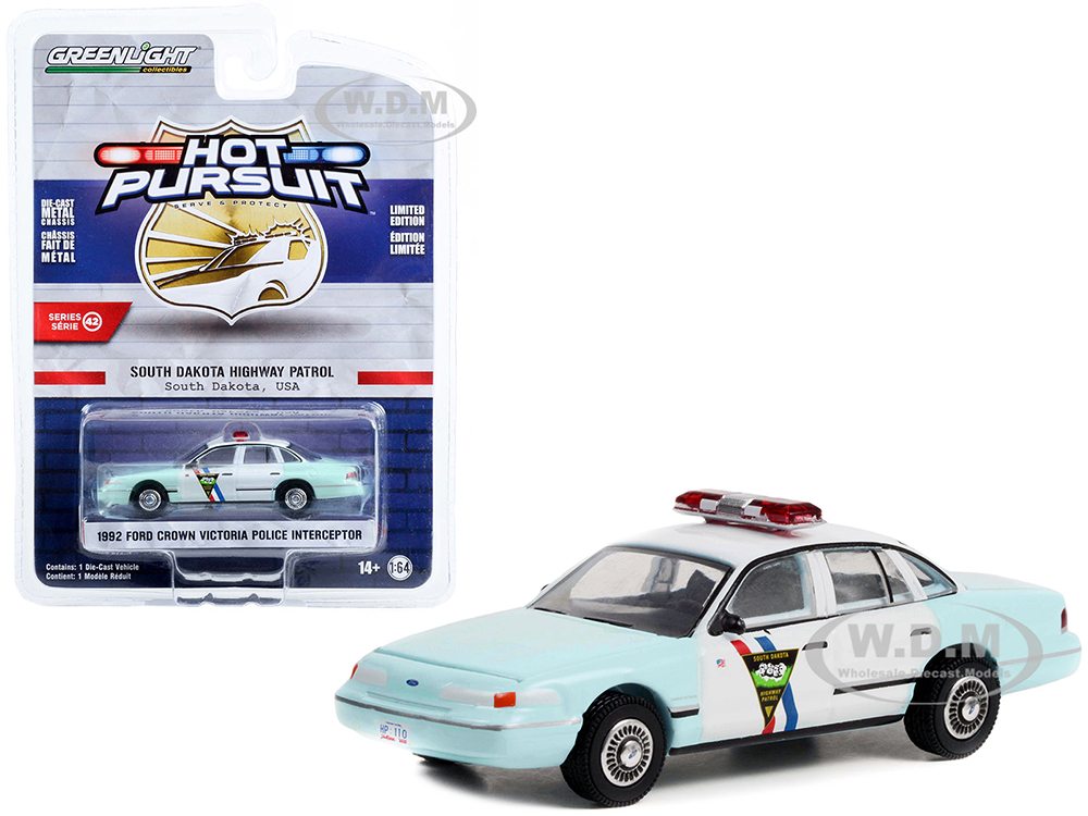 1992 Ford Crown Victoria Police Interceptor Light Blue and White "South Dakota Highway Patrol" "Hot Pursuit" Series 42 1/64 Diecast Model Car by Gree