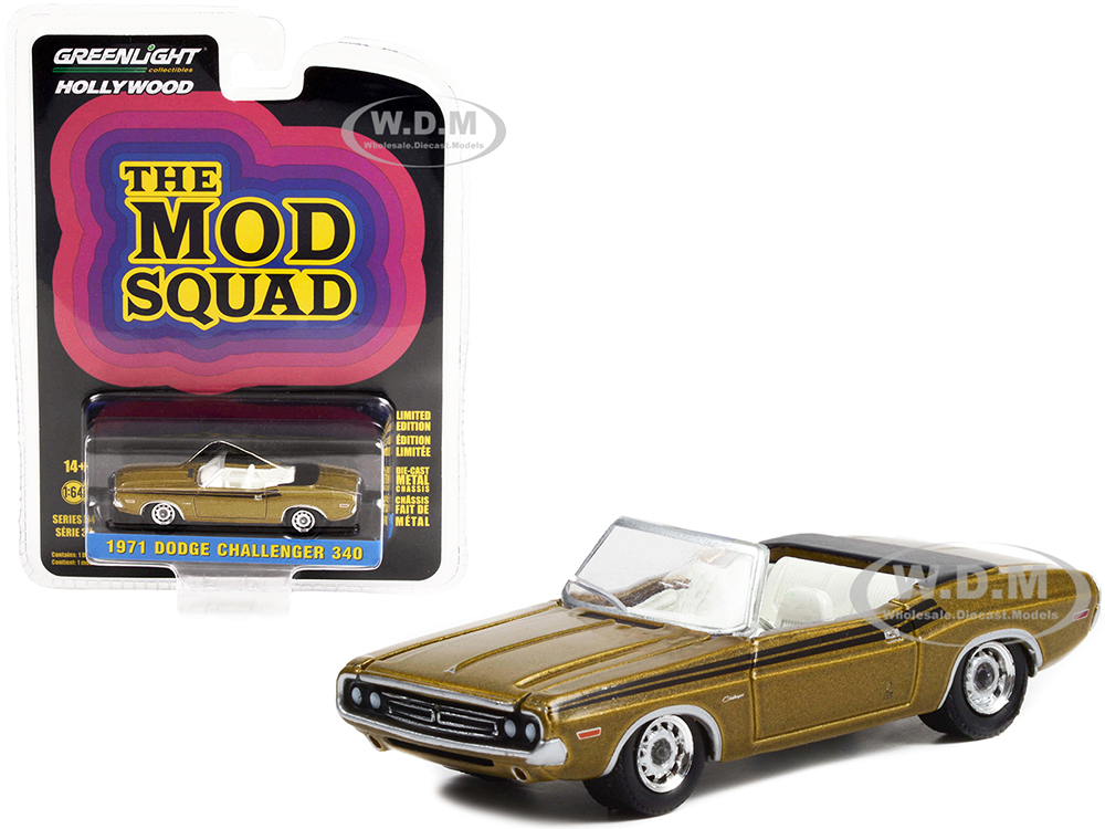 1971 Dodge Challenger 340 Convertible Gold Metallic with Black Stripes The Mod Squad (1968-1973) TV Series Hollywood Series Release 34 1/64 Diecast Model Car by Greenlight