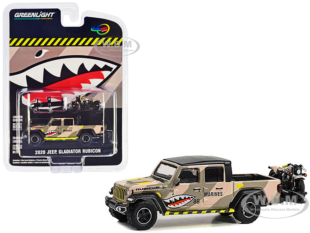 2020 Jeep Gladiator Rubicon Pickup Truck Desert Camouflage Marines - Shark Mouth Livery with Motorcycle and Hitch Rack 1/64 Diecast Model Car by Greenlight