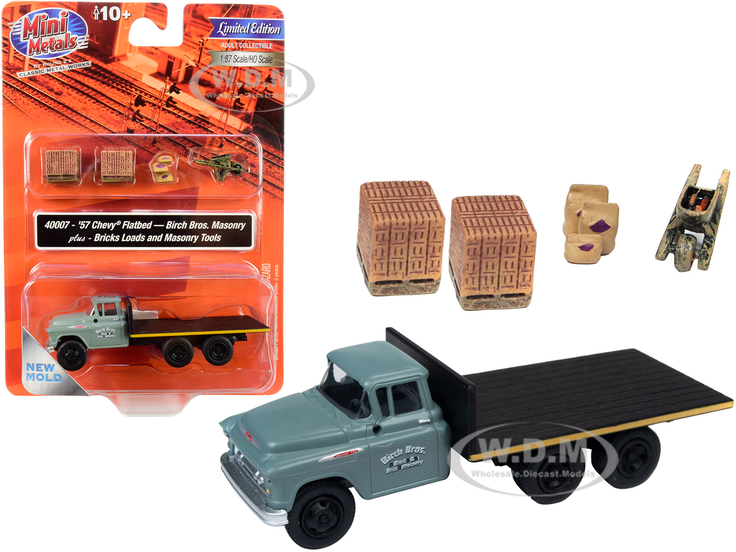 1957 Chevrolet Flatbed Truck "birch Bros. Masonry" With Two Brick Loads Three Sacks And Wheelbarrow 1/87 (ho) Scale Model By Classic Metal Works