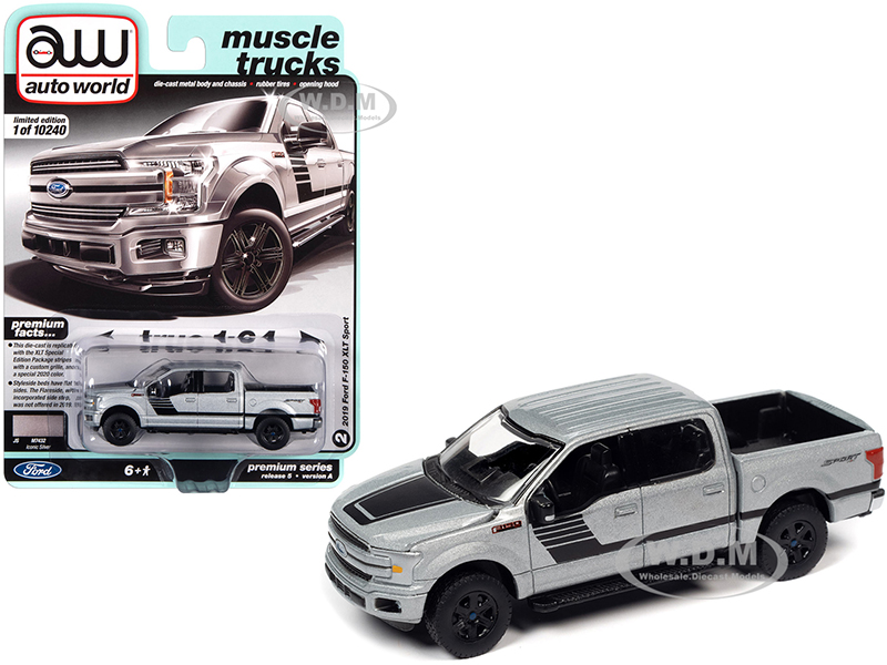 Image of 2019 Ford F-150 XLT Sport Pickup Truck Iconic Silver Metallic with Black Stripes "Muscle Trucks" Limited Edition to 10240 pieces Worldwide 1/64 Dieca