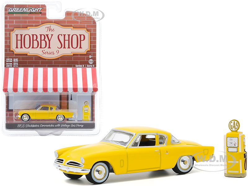 Image of 1953 Studebaker Commander Yellow with Vintage Gas Pump "The Hobby Shop" Series 9 1/64 Diecast Model Car by Greenlight