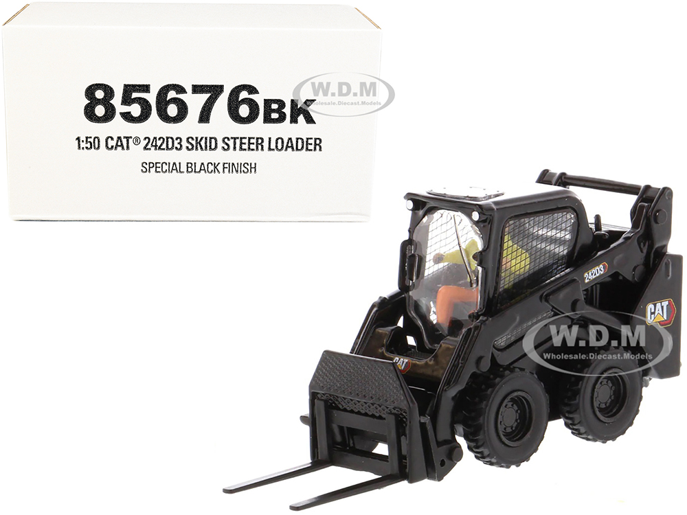 CAT Caterpillar 242D3 Wheeled Skid Steer Loader with Work Tools and Operator Special Black Paint High Line Series 1/50 Diecast Model by Diecast Masters