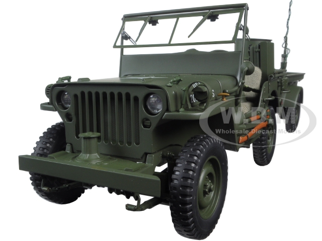 Jeep Willys Army Green With Trailer And Accessories 1/18 Diecast Model By Autoart
