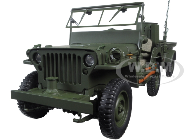 Image of Jeep Willys Army Green with Trailer and Accessories 1/18 Diecast Model by Autoart