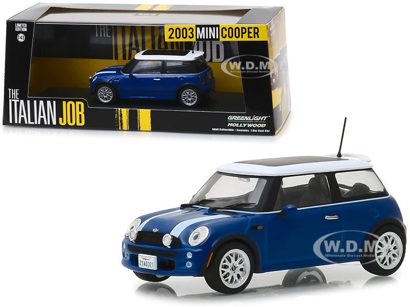2003 Mini Cooper Blue With White Stripes "the Italian Job" (2003) Movie 1/43 Diecast Model Car By Greenlight