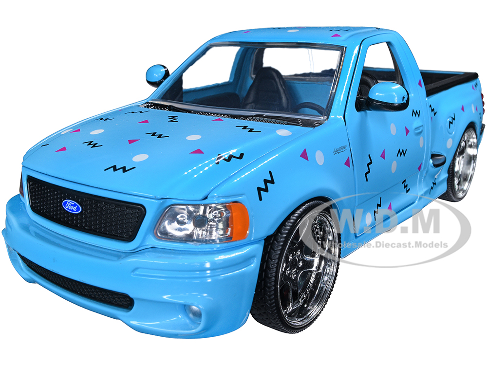 1999 Ford F-150 SVT Lightning Pickup Truck Light Blue with Graphics "I Love the 1990s" Series 1/24 Diecast Model Car by Jada