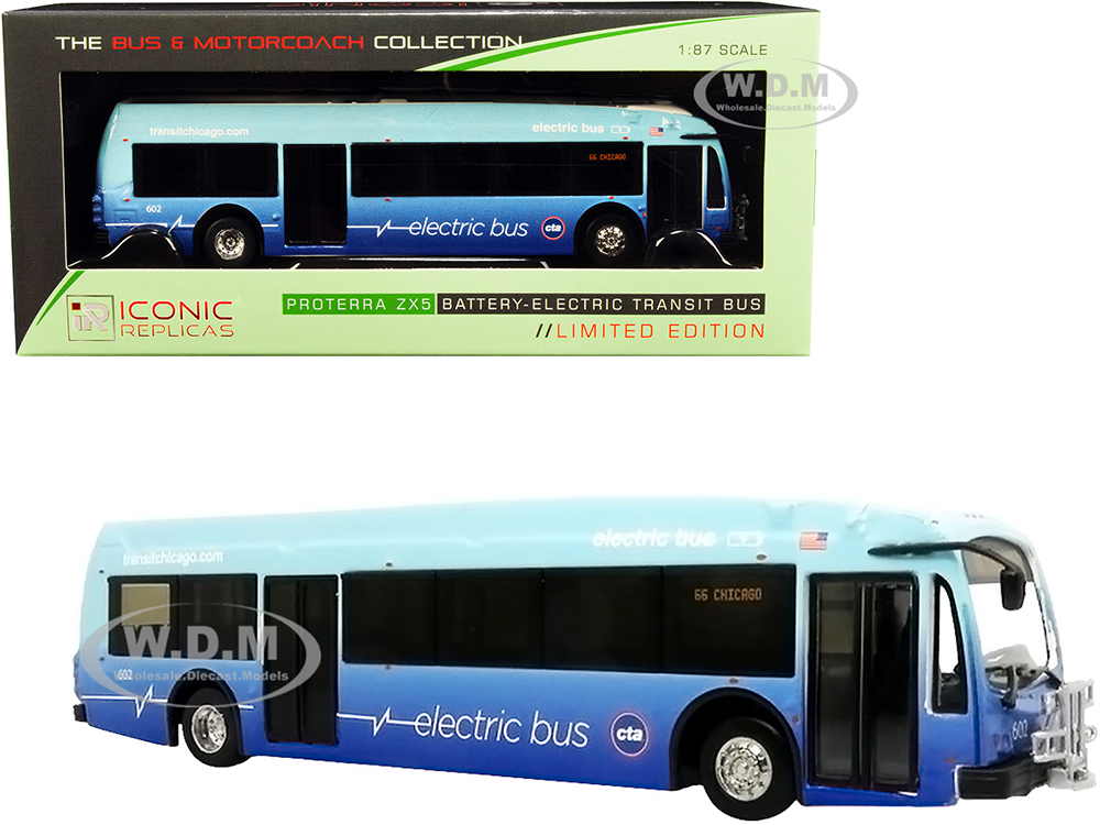 Proterra ZX5 Battery-Electric Transit Bus 65 "Chicago" (Illinois) Blue "The Bus &amp; Motorcoach Collection" 1/87 (HO) Diecast Model by Iconic Replic