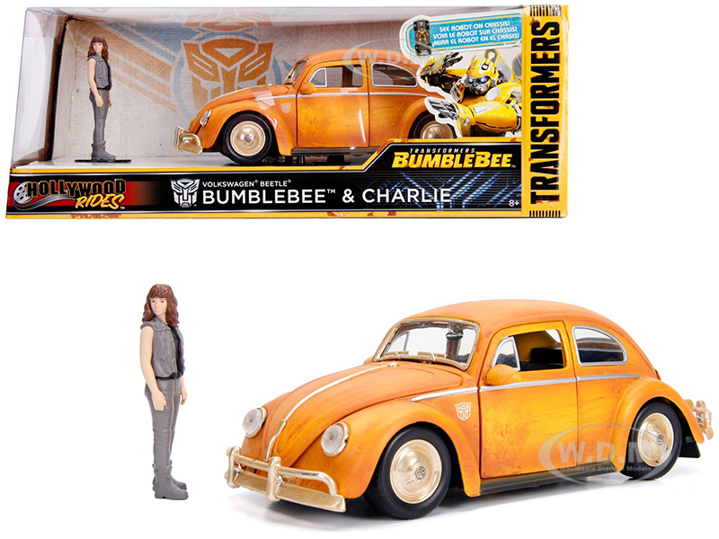 Volkswagen Beetle Weathered Yellow with Robot on Chassis and Charlie Diecast Figurine Bumblebee (2018) Movie (Transformers Series) Hollywood Rides Series 1/24 Diecast Model Car by Jada