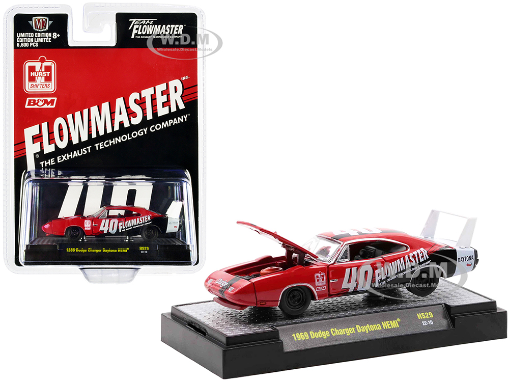 1969 Dodge Charger Daytona HEMI 40 Red With Graphics Flowmaster Limited Edition To 6600 Pieces Worldwide 1/64 Diecast Model Car By M2 Machines