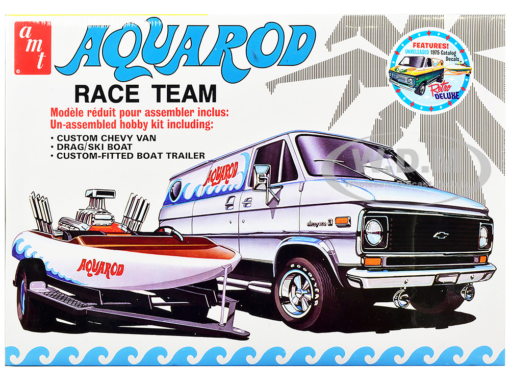 Skill 2 Model Kit Chevrolet Custom Van with Drag/Ski Boat and Trailer "Aqua Rod Race Team" 1/25 Scale Model by AMT